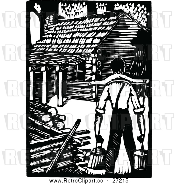 Vector Clip Art of Retro Man Carrying Water to a Cabin