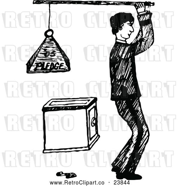 Vector Clip Art of Retro Man Holding a Pledge Weight over a Safe
