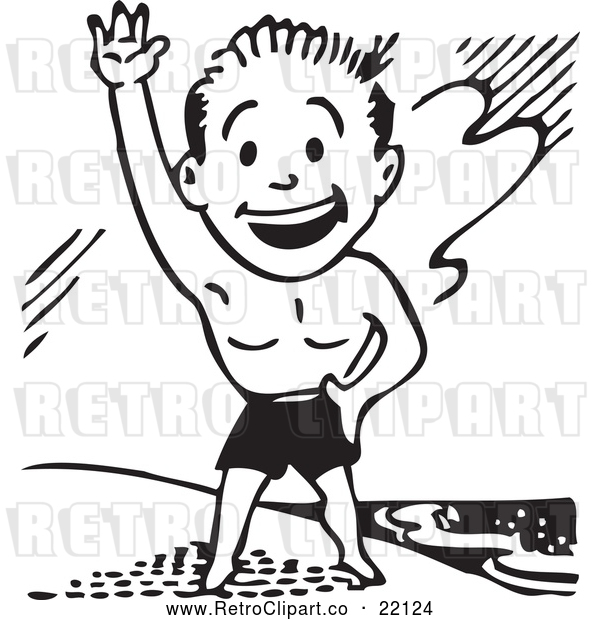 Vector Clip Art of Retro Man in Swim Trunks, Waving on a Beach