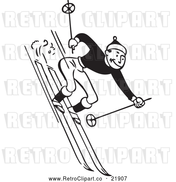 Vector Clip Art of Retro Man Skiing Downhill
