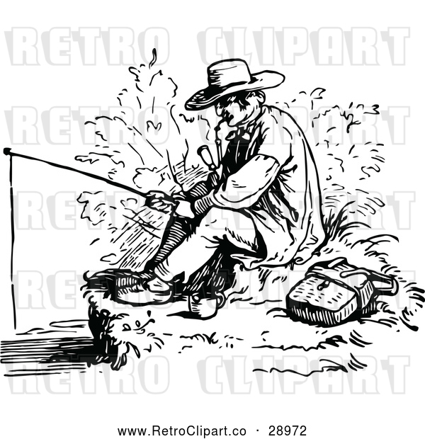 Vector Clip Art of Retro Man Smoking a Pipe and Fishing