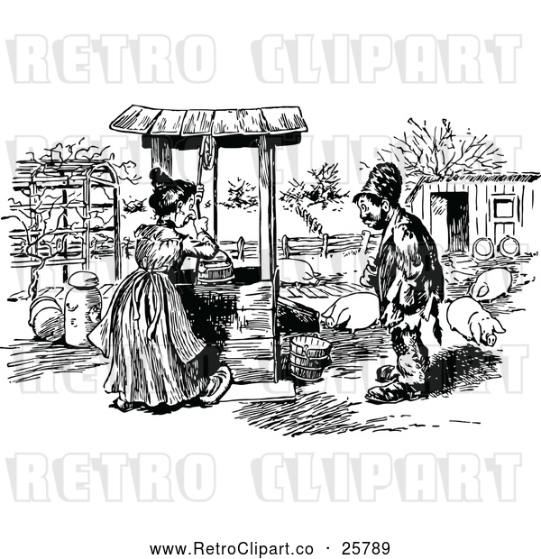 Vector Clip Art of Retro Man Talking to a Woman Fetching Water at a Well