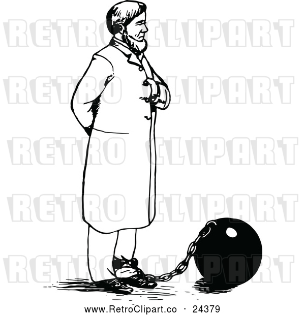 Vector Clip Art of Retro Man Tied to a Ball and Chain