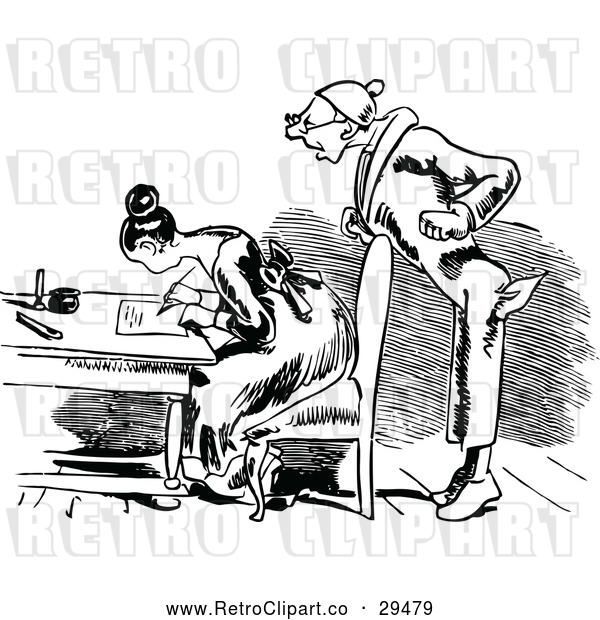 Vector Clip Art of Retro Man Watching Behind a Woman Writing a Letter 2