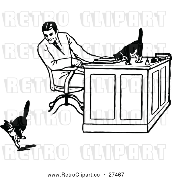 Vector Clip Art of Retro Man Watching Cats at a Desk