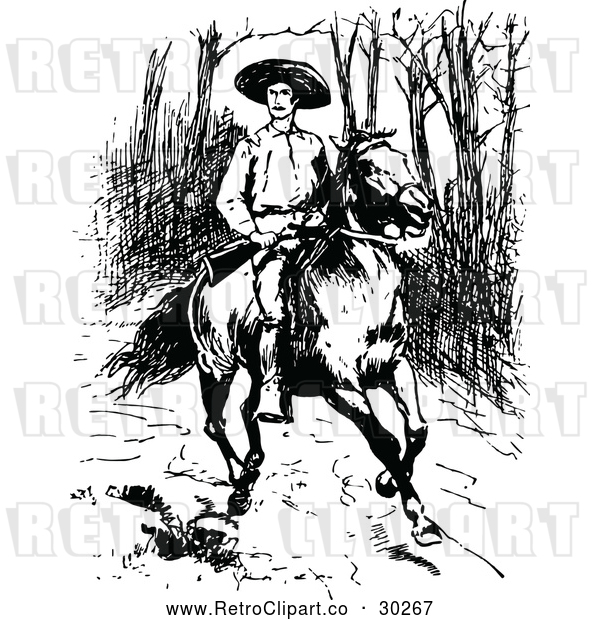 Vector Clip Art of Retro Man with a Rifle on a Horse