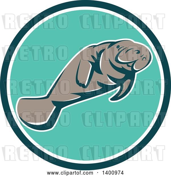 Vector Clip Art of Retro Manatee Swimming in a Teal White and Turquoise Circle