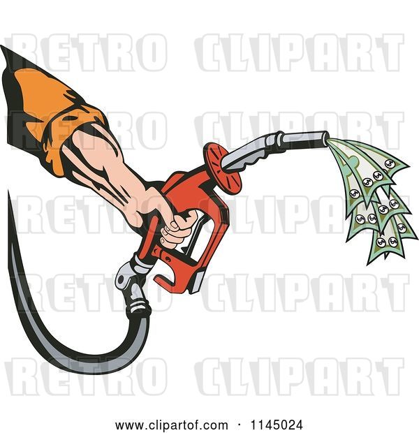 Vector Clip Art of Retro Mans Hand Holding a Gas Fuel Nozzle Spewing Cash