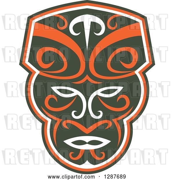 Vector Clip Art of Retro Maori Mask in Dark Green, White and Orange