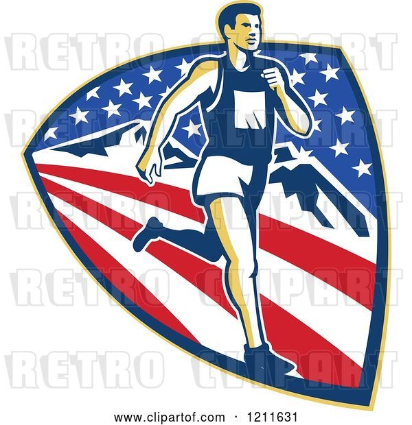 Vector Clip Art of Retro Marathon Runner over a Mountain American Stars and Stripes Shield