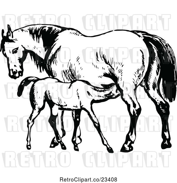 Vector Clip Art of Retro Mare Horse and Colt