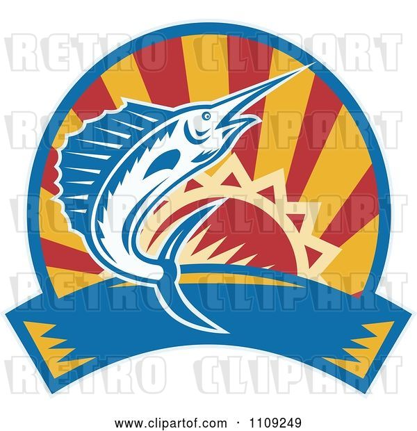 Vector Clip Art of Retro Marlin Jumping over a Sunset Circle and Banner