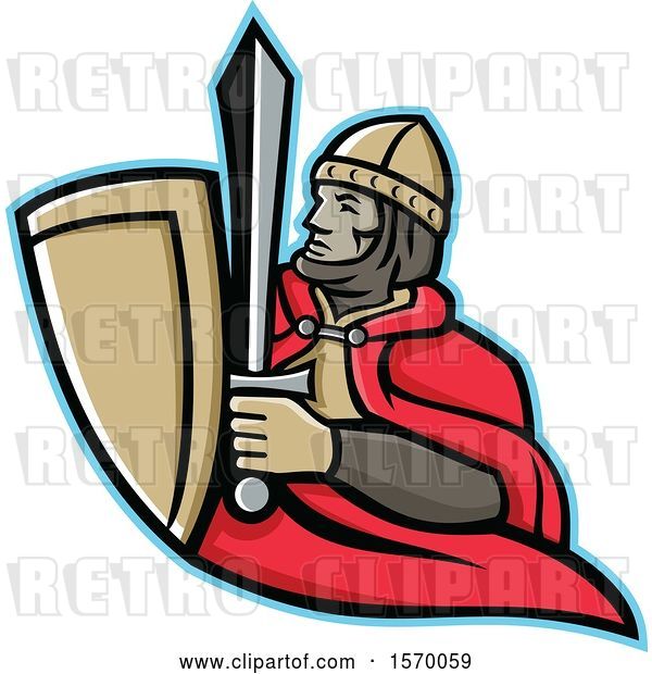 Vector Clip Art of Retro Mascot of a Medieval King Holding a Sword and Shield