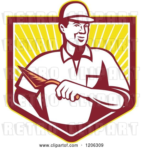 Vector Clip Art of Retro Mason Worker Guy with a Trowel over a Ray Crest Shield