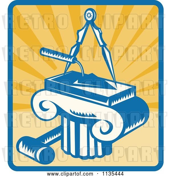 Vector Clip Art of Retro Masonry Trowel Compass Mallet and Column over Rays