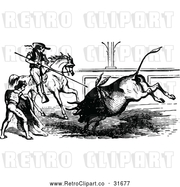 Vector Clip Art of Retro Matador and Spearman in a Bull Fight