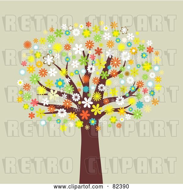 Vector Clip Art of Retro Mature Tree with Colorful Blossoming Flowers