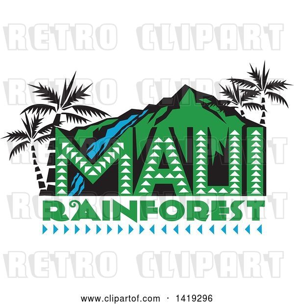 Vector Clip Art of Retro Maui Rainforest Design with a Waterfall, Palm Trees and Mountains