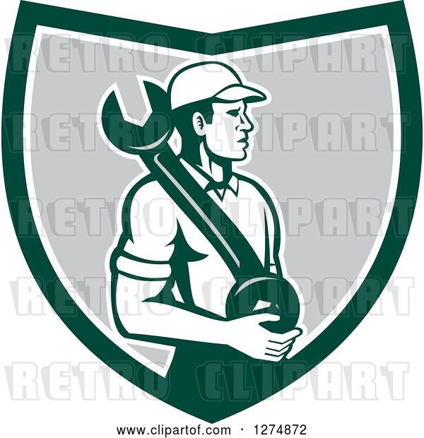 Vector Clip Art of Retro Mechanic Guy Holding a Giant Spanner Wrench in a Green White and Gray Shield