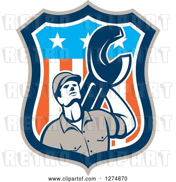 Vector Clip Art of Retro Mechanic Guy Holding a Giant Spanner Wrench in an American Flag Shield
