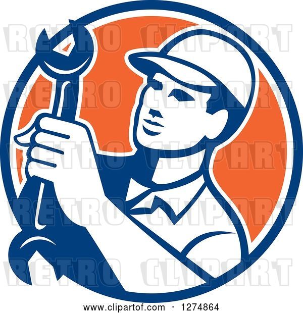 Vector Clip Art of Retro Mechanic Guy Holding a Spanner Wrench in a Blue White and Orange Circle