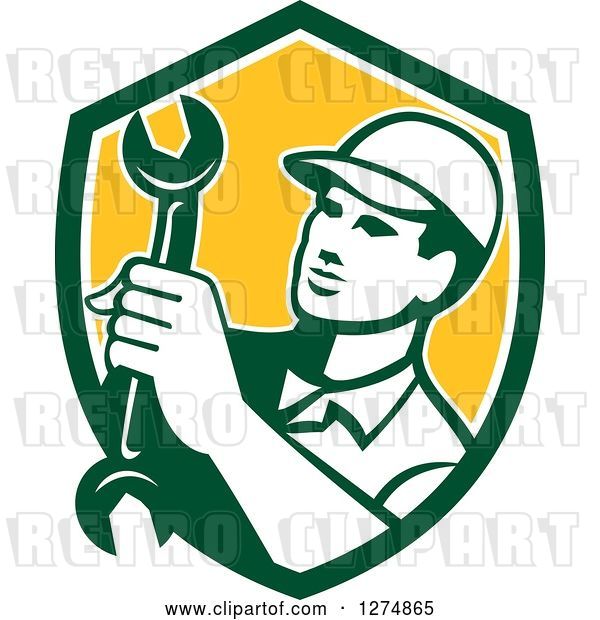 Vector Clip Art of Retro Mechanic Guy Holding a Spanner Wrench in a Green White and Yellow Shield