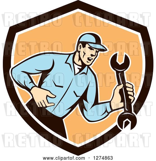 Vector Clip Art of Retro Mechanic Guy Shouting and Holding a Spanner Wrench in a Brown White and Orange Shield