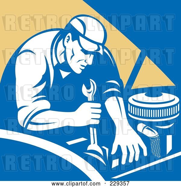 Vector Clip Art of Retro Mechanic Working on an Engine