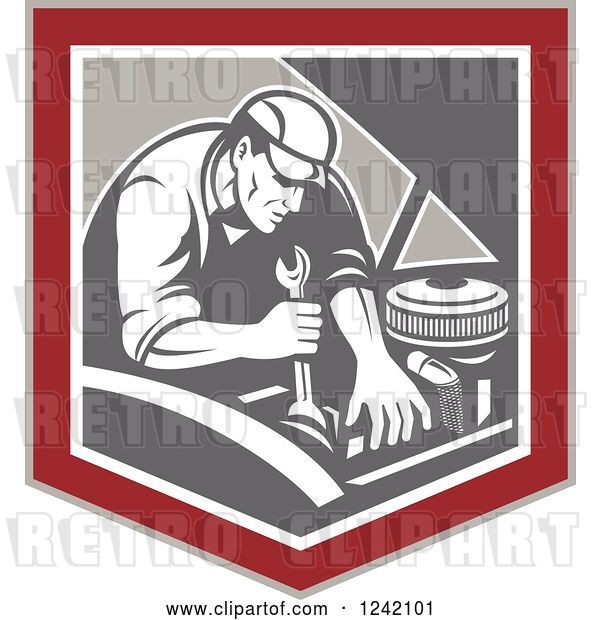 Vector Clip Art of Retro Mechanic Working on an Engine in a Shield
