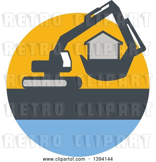 Vector Clip Art of Retro Mechanical Digger Machine Moving a House in a Yellow Gray and Blue Circle
