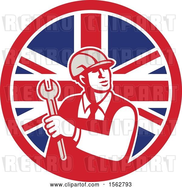 Vector Clip Art of Retro Mechanical Engineer Holding a Spanner Wrench in a Union Jack Flag