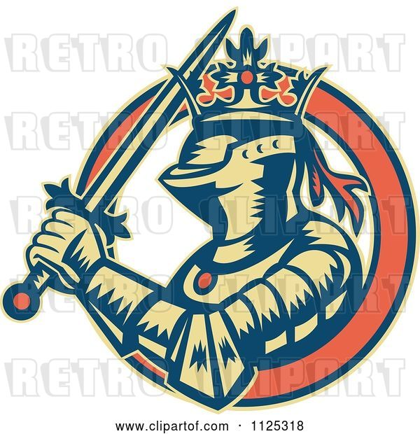 Vector Clip Art of Retro Medieval Crowned Knight with a Sword in an Orange Ring