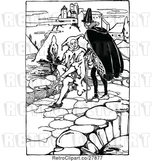 Vector Clip Art of Retro Medieval Guy and Jester near a Castle