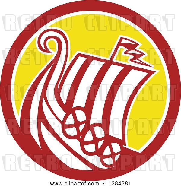 Vector Clip Art of Retro Medieval Viking Ship Longboat in a Brown White and Yellow Circle