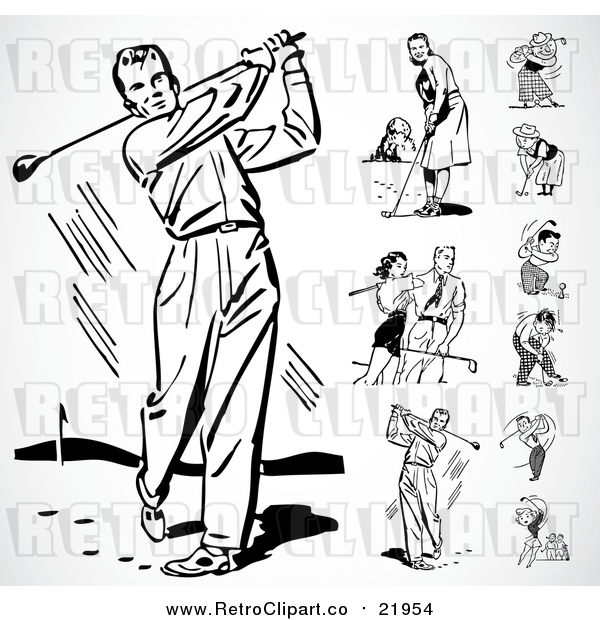 Vector Clip Art of Retro Men and Women Golfing