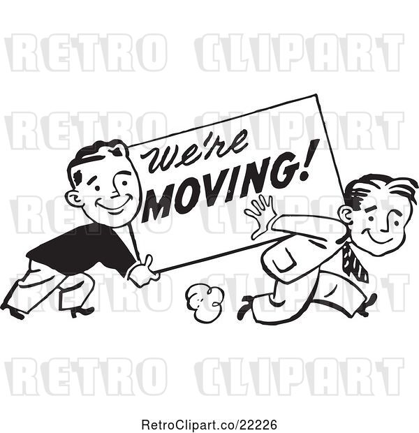 Vector Clip Art of Retro Men Carrying a We're Moving Sign