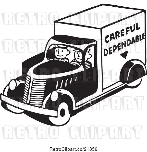 Vector Clip Art of Retro Men Driving a Careful Dependable Delivery Truck