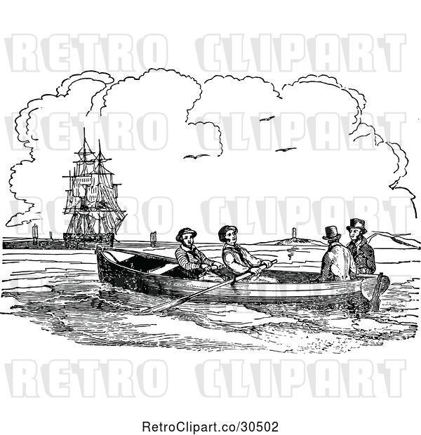 Vector Clip Art of Retro Men in a Boat near a Ship