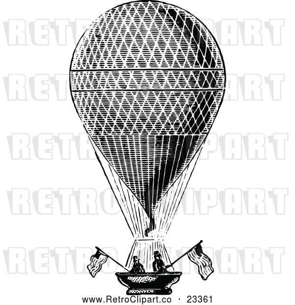 Vector Clip Art of Retro Men in a Hot Air Balloon with American Flags