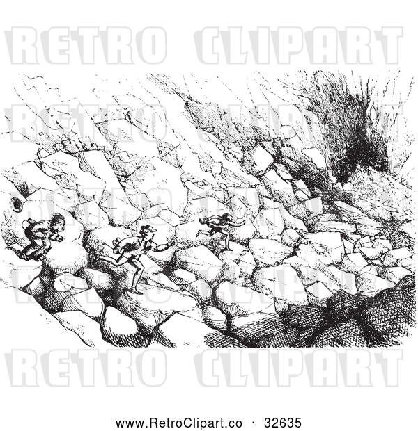 Vector Clip Art of Retro Men Running over Boulders to Catch a Ride in Black and White