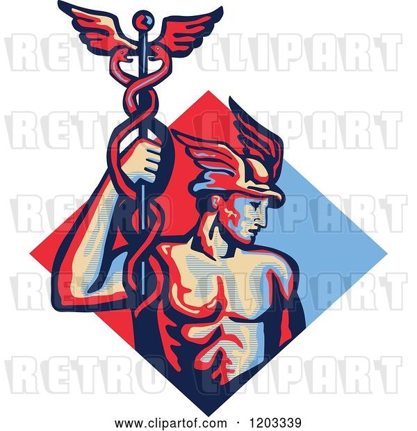 Vector Clip Art of Retro Mercury Roman God Holding a Caduceus in a Red and Blue Diamond