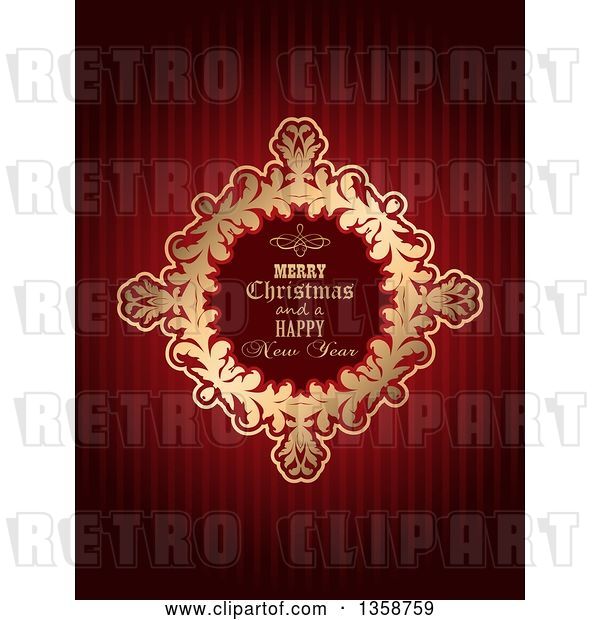 Vector Clip Art of Retro Merry Christmas and a Happy New Year Golden Frame over Red Stripes