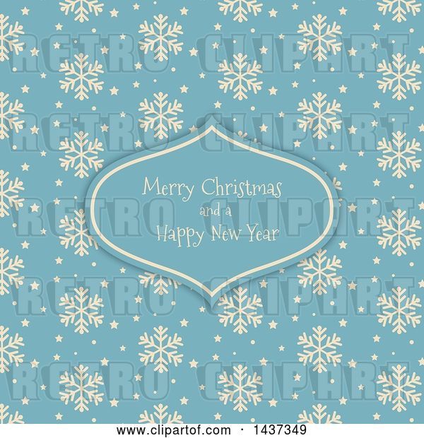 Vector Clip Art of Retro Merry Christmas and a Happy New Year Greeting in a Frame over a Beige and Blue Snowflake Pattern