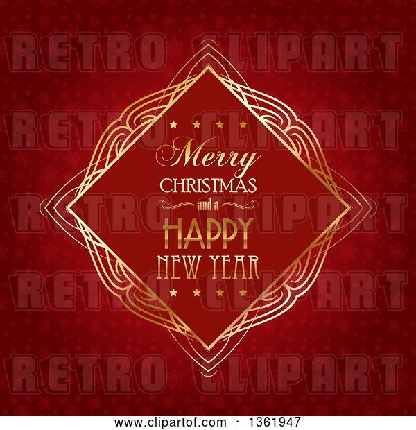 Vector Clip Art of Retro Merry Christmas and a Happy New Year Greeting in a Golden Frame over Red Snowflakes