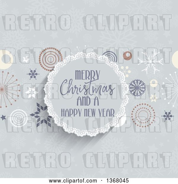 Vector Clip Art of Retro Merry Christmas and a Happy New Year Greeting in a Round Frame with Stars and Snowflakes