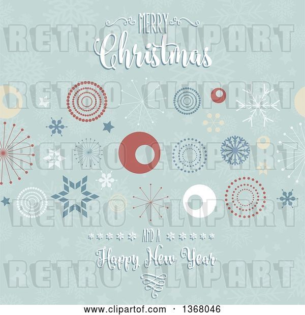 Vector Clip Art of Retro Merry Christmas and a Happy New Year Greeting over Circles, Stars and Snowflakes