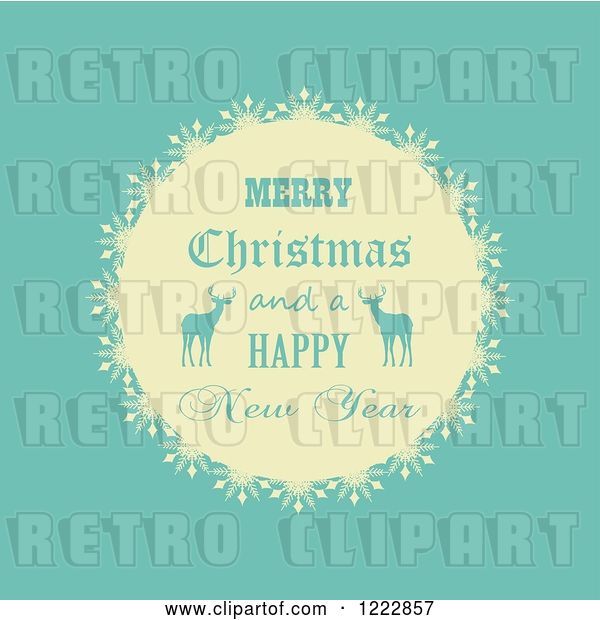 Vector Clip Art of Retro Merry Christmas and a Happy New Year Greeting with Reindeer over Turquoise