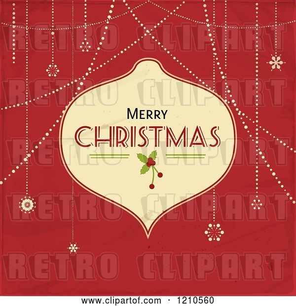 Vector Clip Art of Retro Merry Christmas Bauble Frame with Suspended Snowflakes on Red Grunge