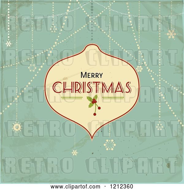 Vector Clip Art of Retro Merry Christmas Bauble Hanging over Distressed Green