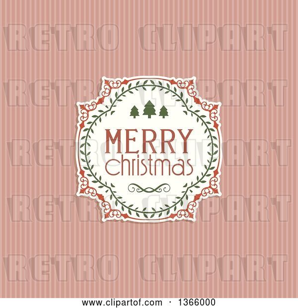 Vector Clip Art of Retro Merry Christmas Greeting in a Frame over Pastel Pink Stripes